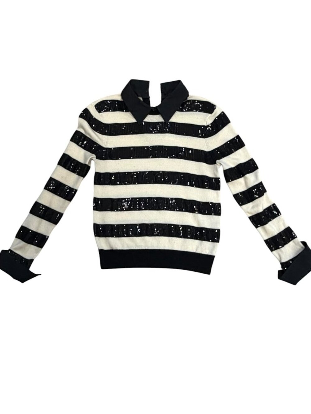 EUC Alice + Olivia Porla Sequin Stripe Sweater XS Black Ivory Wool Blend